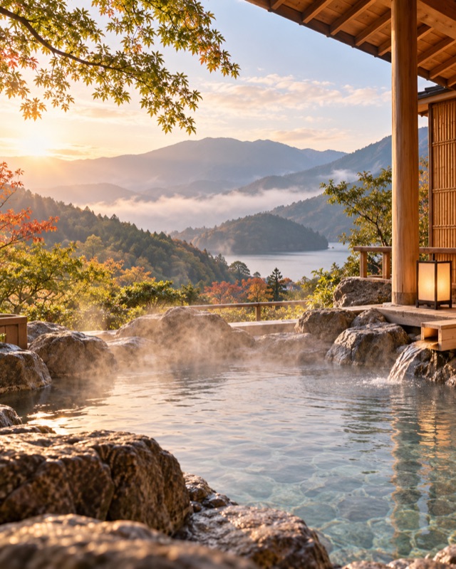 紅葉の山を望む湯けむりの露天風呂