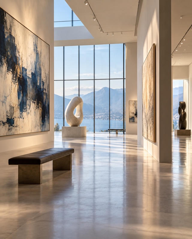 大きな窓から光が差し込む、静かな美術館の展示室